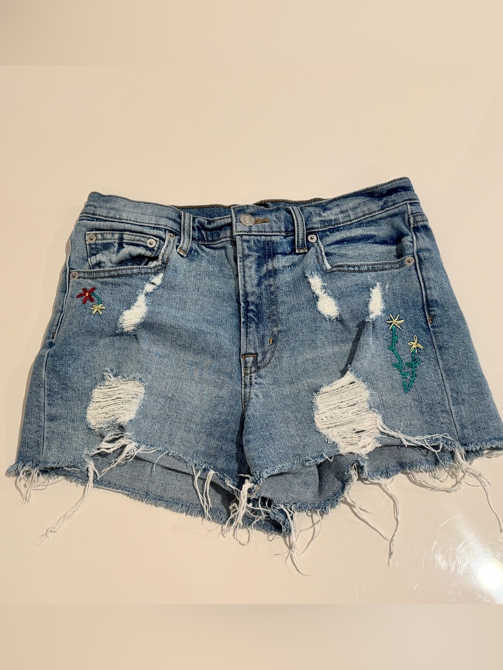 GAP ITALY Light Blue Distressed Denim Shorts with Floral Embroidery